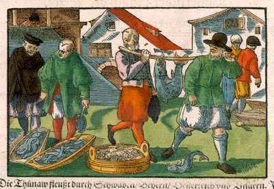 Fishmarket, de um manuscrito alemão, c.1650 (xilogravura colorida à mão) de German School