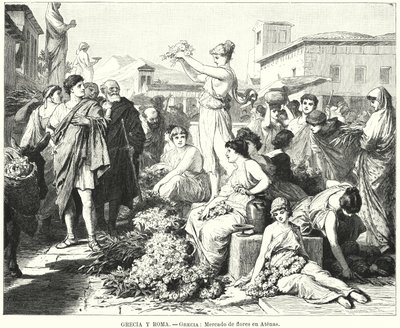 Mercado de flores em Atenas, Grécia Antiga (litho) de German School
