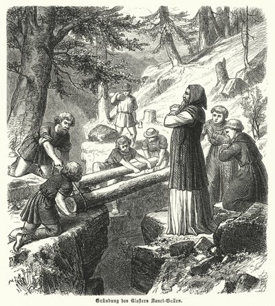 Fundação da Abadia de St Gall, Suíça, Século VIII (gravura) de German School