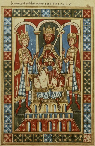 Frederico I com seus dois filhos, o rei Henrique VI e o duque Frederico, c.1180 de German School