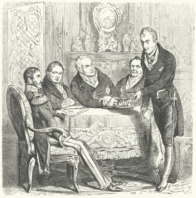 Frederick William III da Prússia em discussões com seu Primeiro Ministro, Karl August von Hardenberg e Klemens von Metternich, o Ministro dos Negócios Estrangeiros austríaco (gravura) de German School