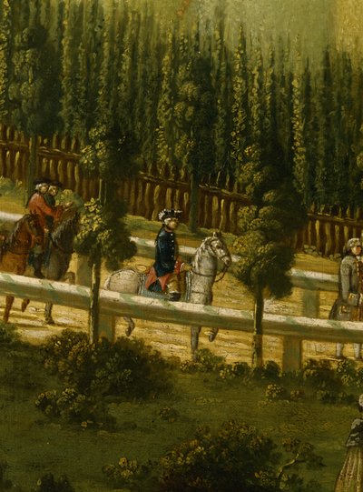 Frederico, o Grande, a cavalo no Maulbeerallee perto de Sanssouci, 1770 de German School