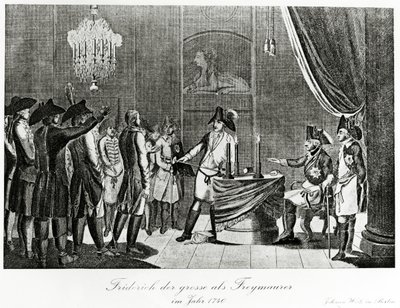 Frederico, o Grande recebe seu cunhado, Frederico, Margrave de Brandemburgo-Bayreuth como maçom em Berlim em 1740 de German School