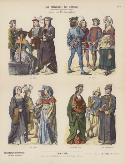 Fatos franceses do século XV (gravura colorida) de German School