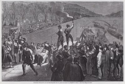 Soldados franceses feridos na última tentativa infrutífera de escapar do cerco de Paris chegando ao Quai de la Megisserie, Guerra Franco Prussiana, janeiro de 1871 (gravura) de German School