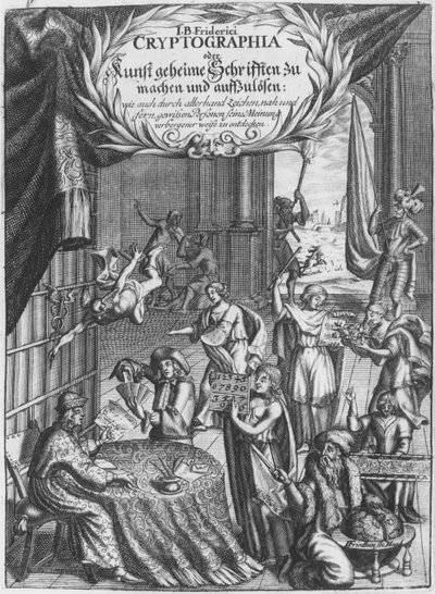 Frontispício, ilustração de Cryptographia, ou roteiros secretos de Johann Balthasar Friderici, gravados por Johan Friedlein (século XVII) publicados em Hamburgo, 1685 de German School