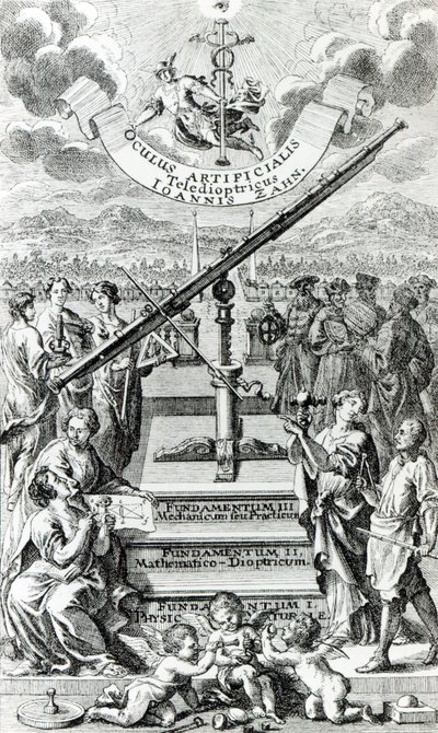Frontispício do Oculus Artificialis Teledioptricus Sive Telescopium por Johann Zahn, 2ª edição publicada em 1702 de German School