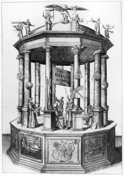 Frontispício de The Rudolphine Tables compilado por Johannes Kepler, publicado em 1627 de German School