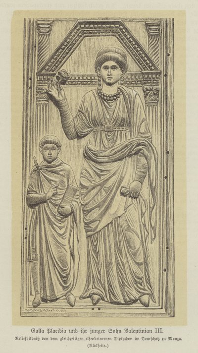 Galla Placidia, filha do Imperador Romano Teodisio I, e seu filho, Valentim III (gravura) de German School