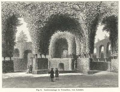 Desenho do jardim: árvores nos jardins de Versailles, França, desenhadas por Andre le Notre no século XVII (gravura) de German School