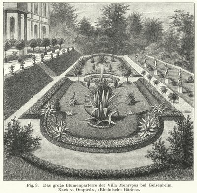 Desenho de jardim: grande parterre em Monrepos, propriedade do banqueiro e astrônomo amador Heinrich Eduard von Lade, Geisenheim, Alemanha (gravura) de German School