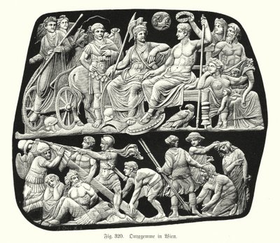 Gemma Augustea, antiga gema romana gravada em relevo de ônix (gravura) de German School