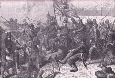 General von Budretzky liderando o ataque a Le Bourget, Cassells História da Guerra entre a França e a Alemanha publicado pela Cassell and Company Limited, c.1890 (litho) de German School