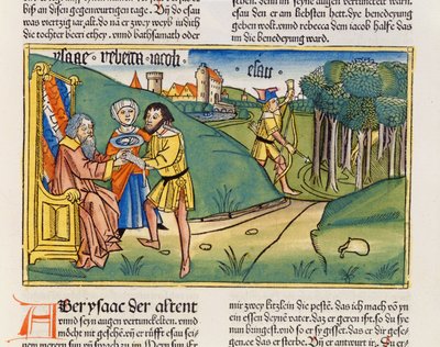 Gênesis 27 6-29 Jacó recebe a bênção de Isaque, da Bíblia de Nuremberg (Biblia Sacra Germanaica) (xilogravura colorida) de German School