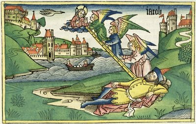 Gênesis 28 10 Jacobs Ladder, da Bíblia de Nuremberg (Biblia Sacra Germanaica) (xilogravura colorida) de German School