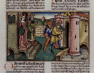 Gênesis 39 19-23 Inocente José é preso, da "Bíblia de Nurembergue (Biblia Sacra Germanaica)" (xilogravura colorida) de German School