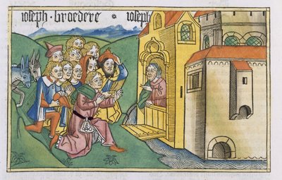 Génesis 42 1-5 Os irmãos de José chegam ao Egipto, da "Bíblia de Nuremberga (Biblia Sacra Germanaica)" (xilogravura colorida) de German School