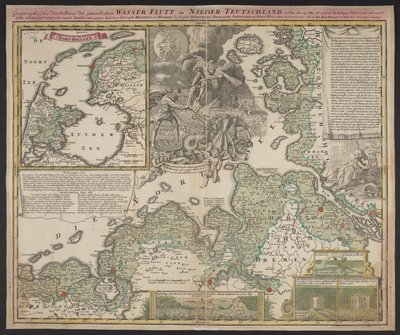 Apresentação geográfica da inundação de água na Baixa Alemanha, que teve lugar a 25 de Dezembro de 1717, c.1718 (imprimir) de German School