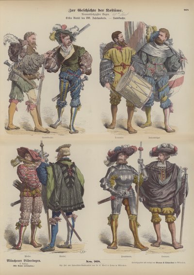 Landsknechte alemã (soldados mercenários), início do século XVI (gravura colorida) de German School