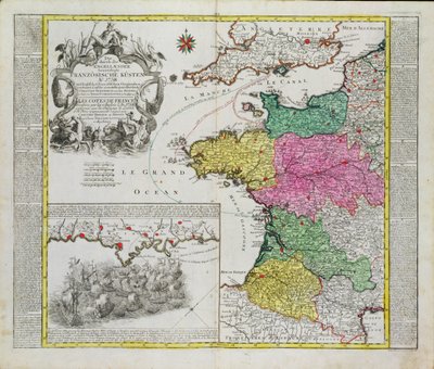 Mapa alemão mostrando ataques navais ingleses em portos franceses em 1758 de German School
