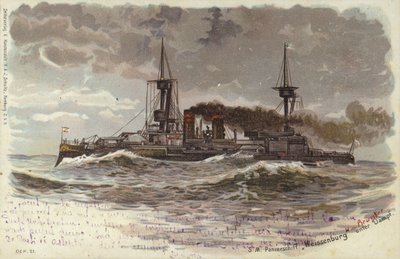Navio de batalha alemão SMS Weissenburg, final do século XIX ou início do século XX (cor litho) de German School