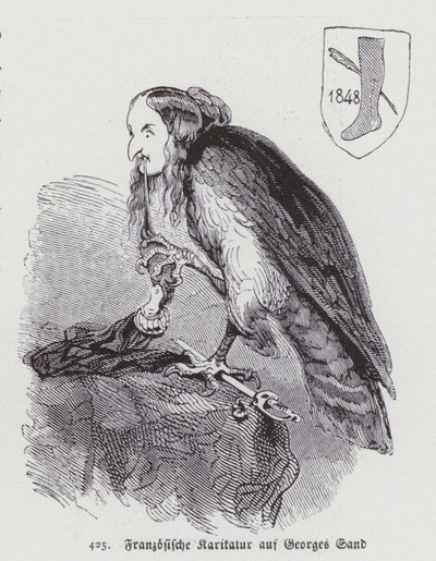 Caricatura alemã do romancista francês do século XIX George Sand (litho) de German School