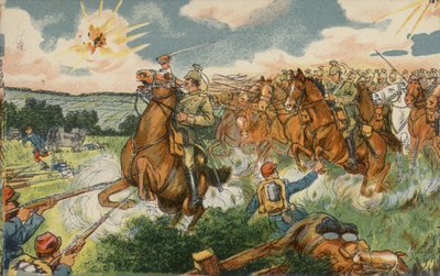 Cavalaria alemã sob o comando do príncipe herdeiro Wilhelm atacando as tropas francesas perto de Longwy, França, Primeira Guerra Mundial de German School