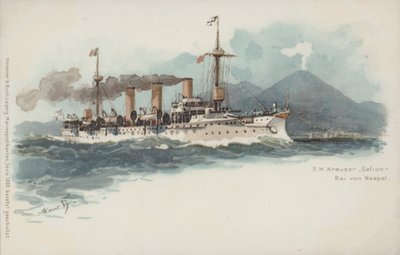Cruzador alemão Gefion na Baía de Nápoles, Itália (chromolitho) de German School