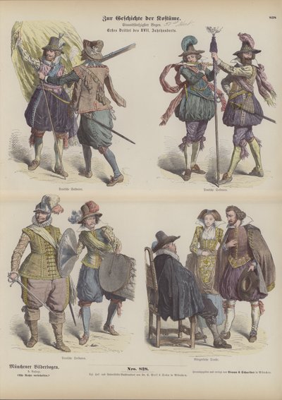 Fatos militares e burgueses alemães, início do século XVII (gravura a cores) de German School