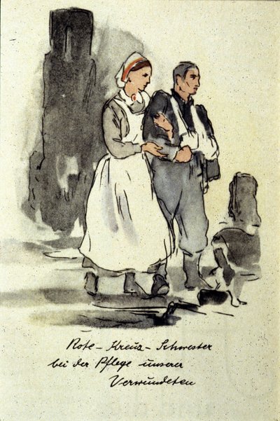 Uma enfermeira alemã a apoiar um homem ferido. 1942. de German School