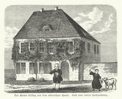 O filósofo e dramaturgo alemão Gotthold Ephraim Lessing do lado de fora da casa do pai em Kamenz quando menino (gravura) de German School