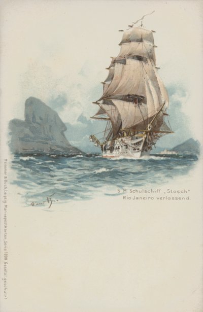 Navio de formação alemão Stosch deixando o Rio de Janeiro, Brasil (chromolitho) de German School