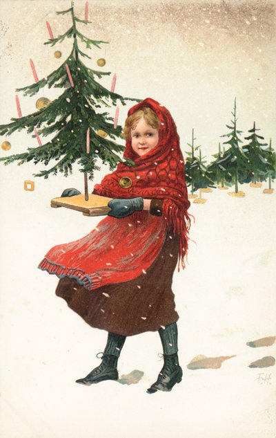 Menina carregando pequena árvore de Natal na neve de German School