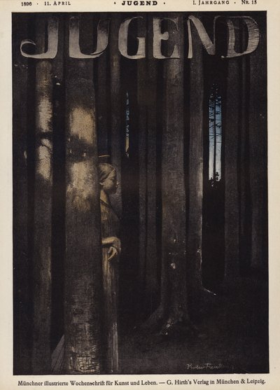 Rapariga a caminhar numa floresta à noite (cor litho) de German School