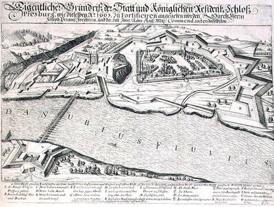 Planta baixa da cidade e do castelo de Pressburg e suas fortificações em 1663, ilustração de um livro sobre as campanhas otomanas na Europa, gravado por Paul Furst (c.1605-66) (gravura) de German School