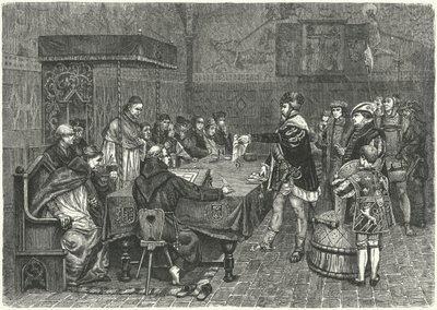 Gustav I Vasa, Rei da Suécia, confrontando Peter Sunnanvader, Bispo de Vasteras de German School