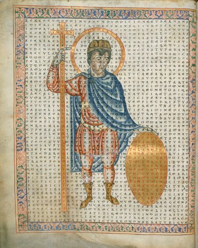 Harley 3045 fol.2 Imperador Luís I, o Piedoso, segurando uma cruz e escudo, de 