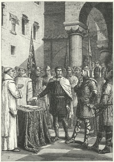 Harold Godwinson fazendo um juramento prometendo apoiar a reivindicação de Guilherme da Normandia ao trono inglês de German School