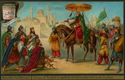Harun al-Rashid a receber uma delegação de Carlos Magno, "Episodes from the Caliphate", Liebig Card de German School