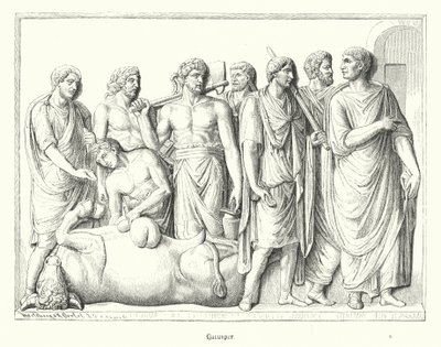 Haruspex estudando as entranhas de um animal sacrificado na Roma antiga (gravura) de German School