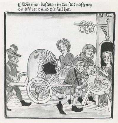 Vendedor ambulante de panquecas e pretzels, durante o Concílio de Constança em 1417, depois de um incunábulo, c.1485 (caneta e tinta no papel) de German School