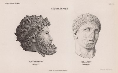 Cabeças de estátuas de boxeadores escavadas em Olympia, Grécia (gravura) de German School