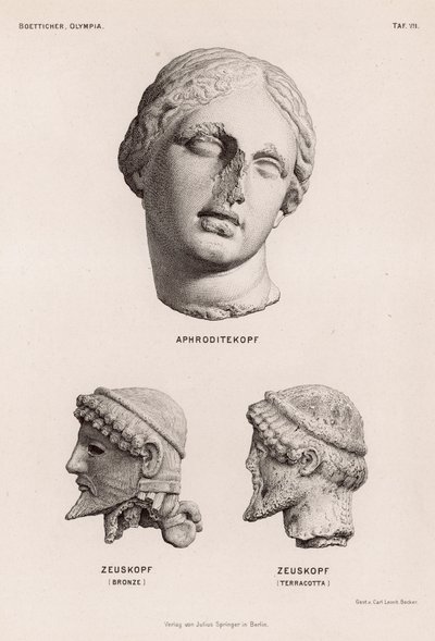 Cabeças de Afrodite e Zeus de Olympia, Grécia (gravura) de German School