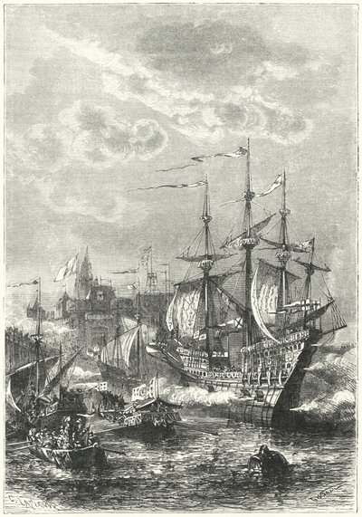 Henrique VIII e a frota inglesa desembarcando em Calais de German School