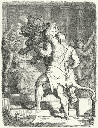 Heracles trazendo Cerberus ao Rei Euristeu (gravura) de German School
