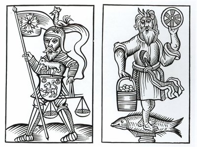 Hermensul ou Irmensul (à esquerda) e Crodon (à direita) ídolos dos antigos saxões, depois de uma xilogravura nos Annales Circuli Westphaliae, de Herman Stangefol, publicaram 1656 de German School