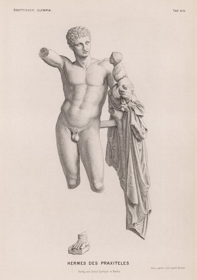 Hermes e o Menino Dionísio, escultura atribuída a Praxiteles escavada em Olympia, Grécia (gravura) de German School