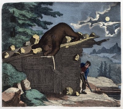 Caçador a querer matar o urso da floresta alpina. Em "Wenn Jemand eine Reise thut, so kann erzahlen" (Quando alguém viaja, isto é o que ele pode dizer), conto alemão de Franz Wiedemann de German School