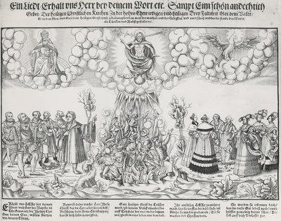 Ilustação do hino de Martinho Lutero pedindo a ajuda de Deus contra a obra mortal do Papa de German School