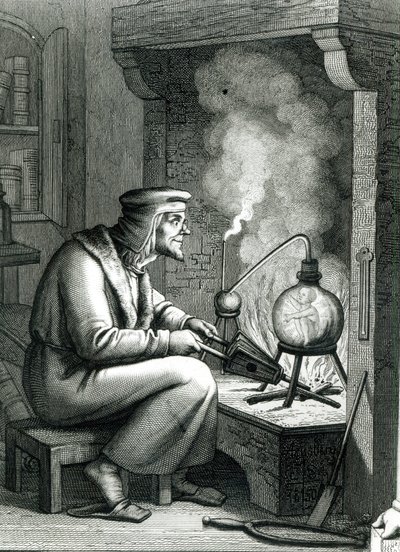 Ilustração de Goethes Faust retratando Mefistófeles criando um homúnculo, 1854 de German School